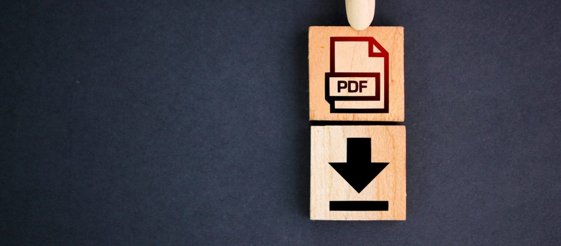 wooden square with PDF format file icon and download.